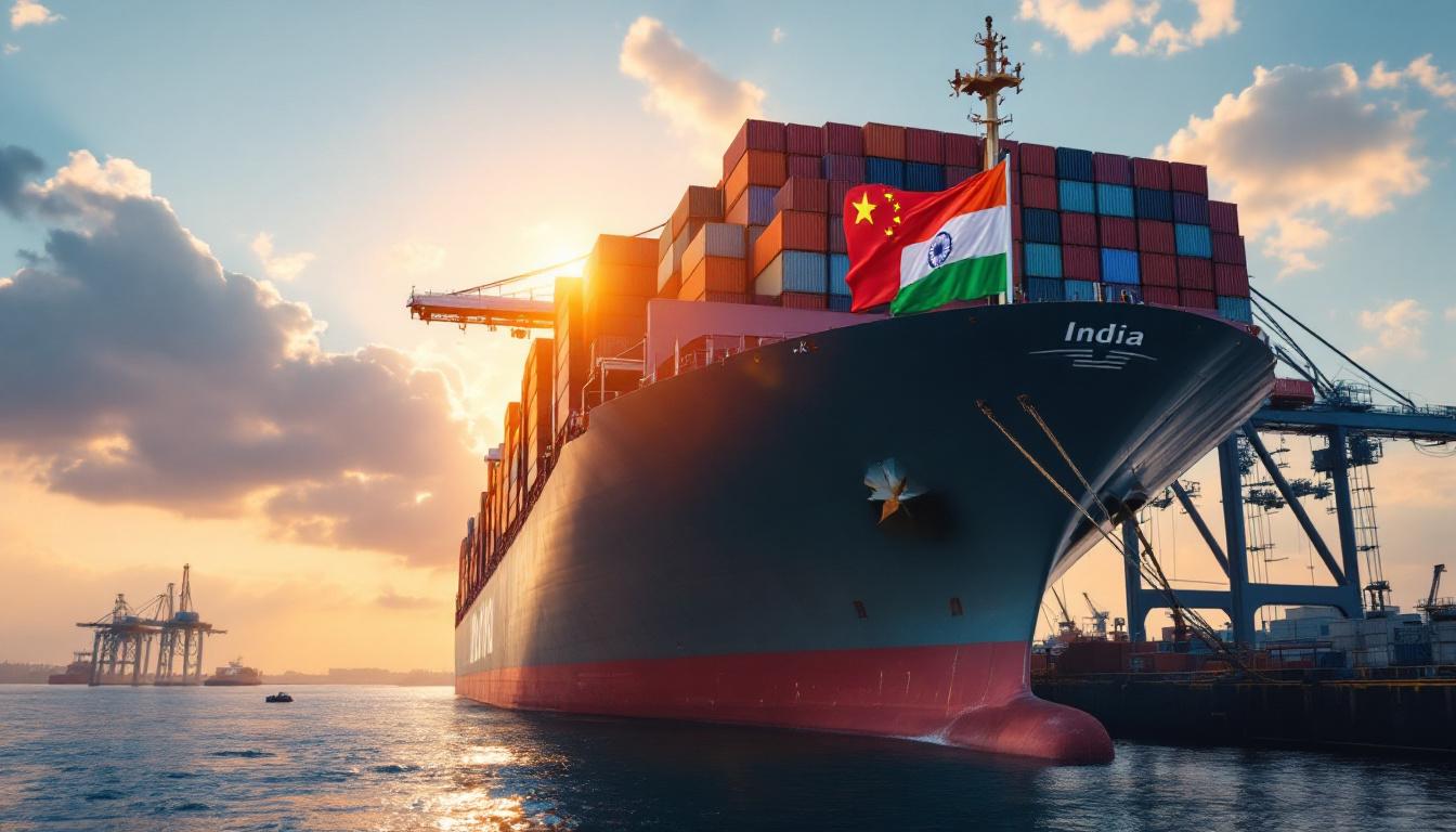 Container ship at port with Indian and Chinese flags - Furniture Import from China to India