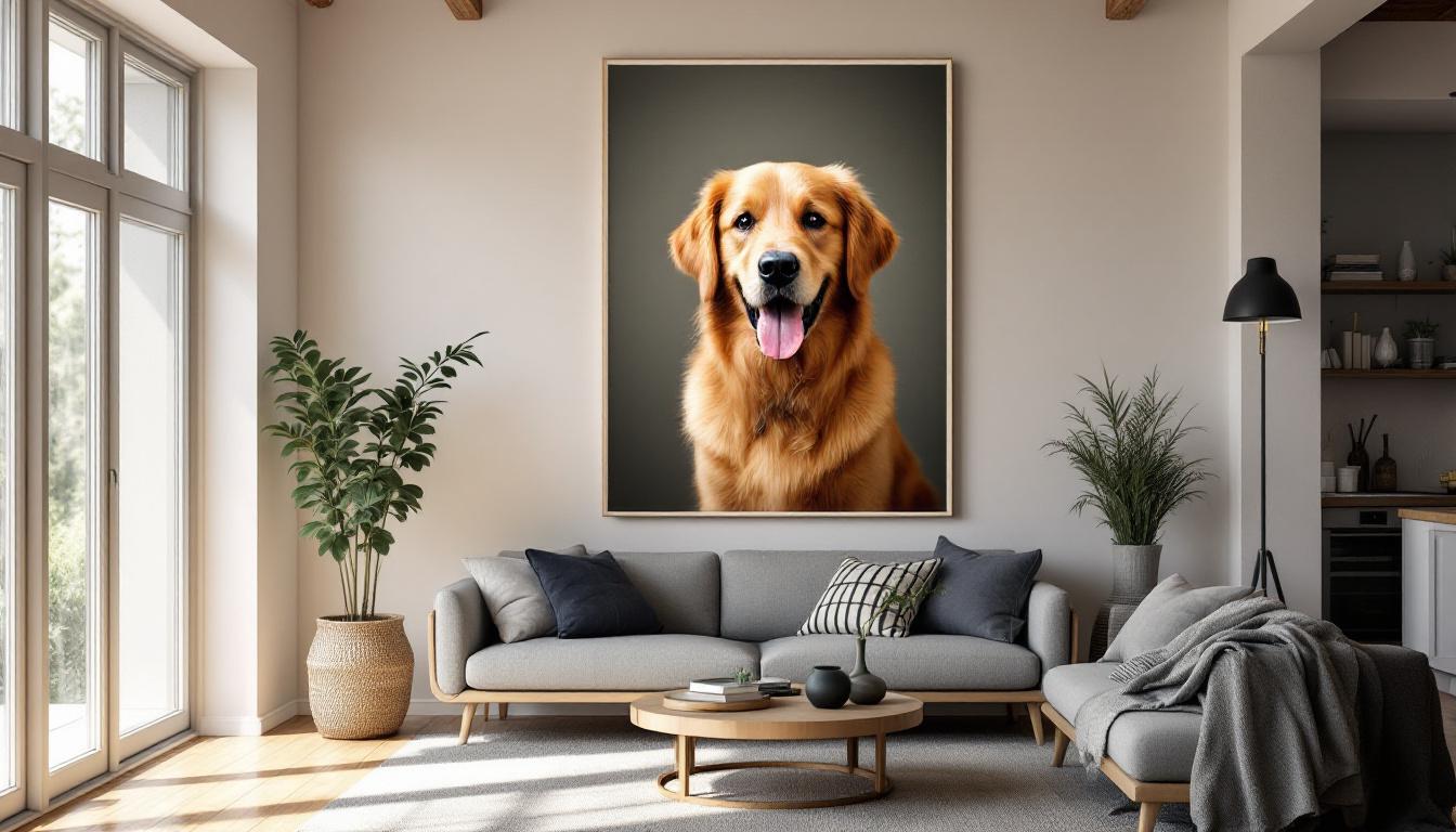 Framed Golden Retriever portrait on living room wall