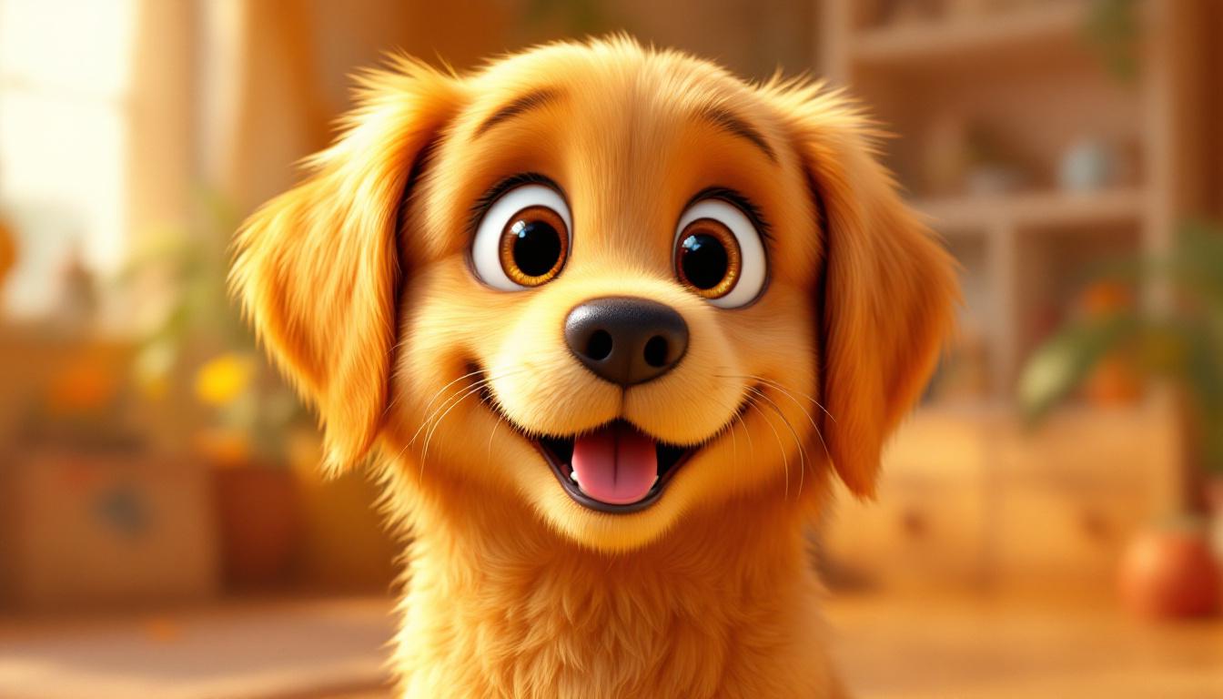 Golden Retriever in Pixar cartoon style with exaggerated happy expression