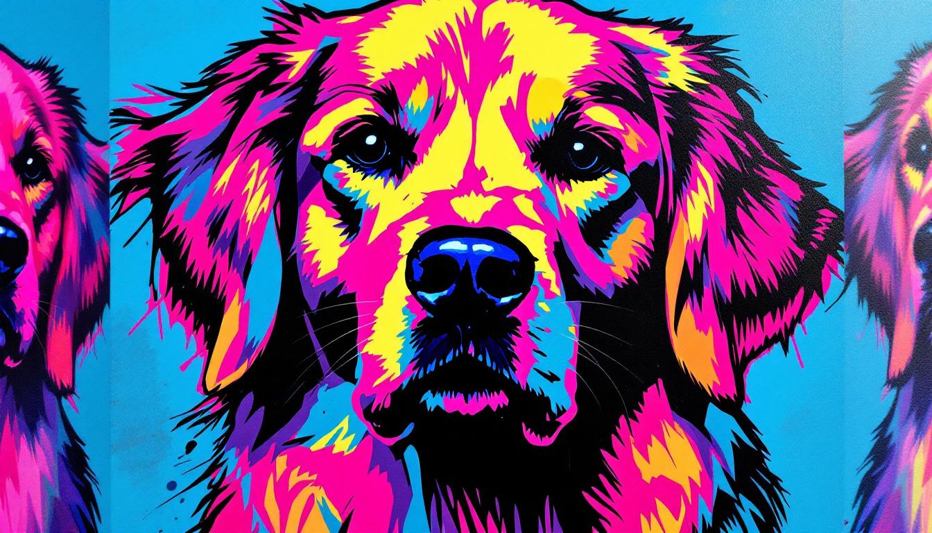 Golden Retriever in pop art style with bright neon colors