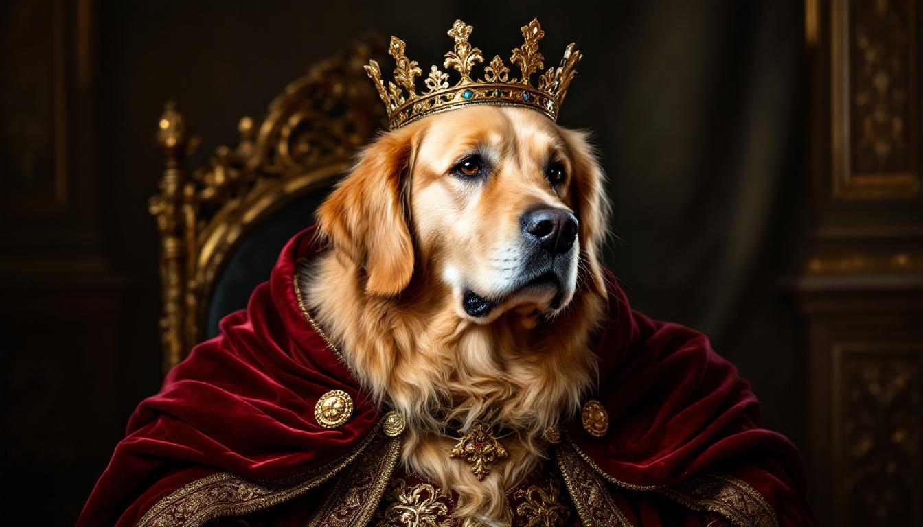 Golden Retriever in royal Renaissance style with velvet robe and crown
