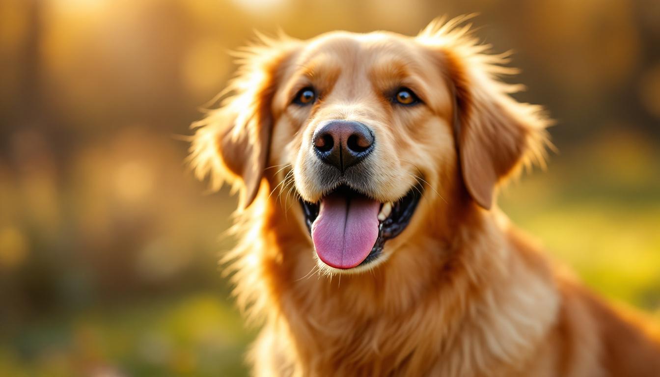 Golden Retriever smiling outdoors in natural lighting