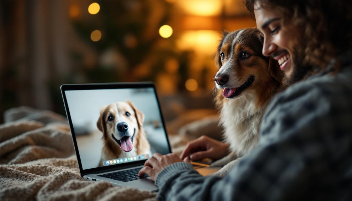 Dog owner viewing AI pet portrait on laptop