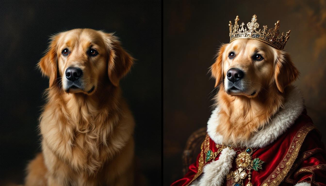 Side-by-side comparison of traditional oil painting vs AI royal portrait