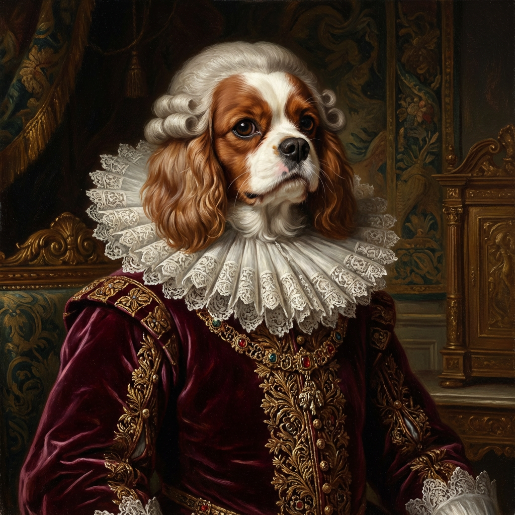 Cavalier King Charles Spaniel AI portrait in 18th century French aristocratic style