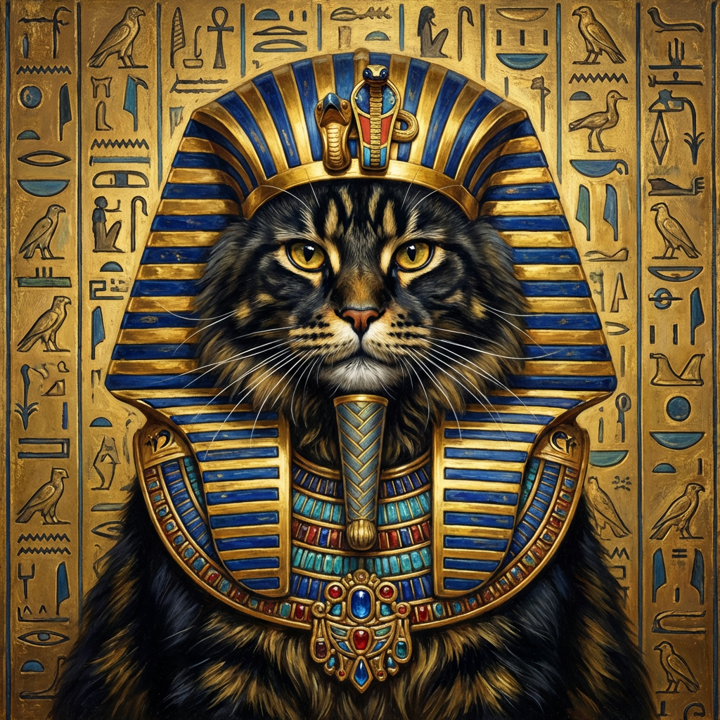 Maine Coon cat AI portrait as an Egyptian Pharaoh with golden headdress
