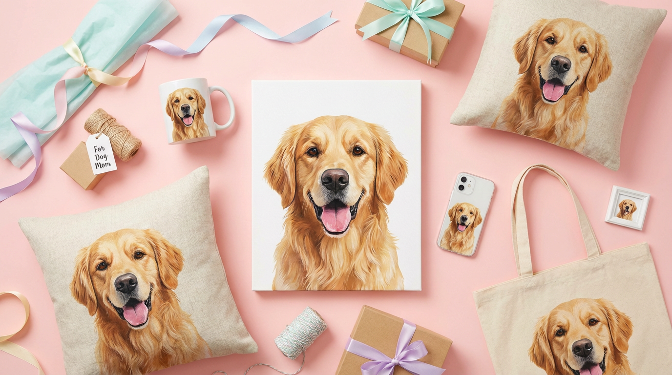 Flat lay of personalized pet gifts including canvas portrait, mug, pillow and phone case