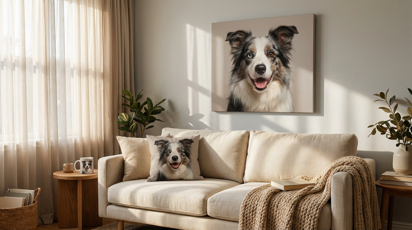 A cozy living room featuring a custom pet memorial canvas and a matching throw pillow on a sofa