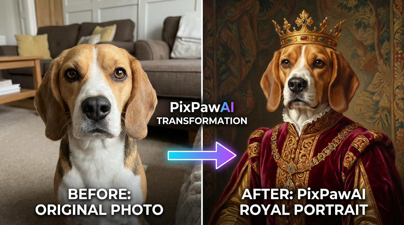 A split screen showing a real dog photo being transformed into a royal oil painting style portrait