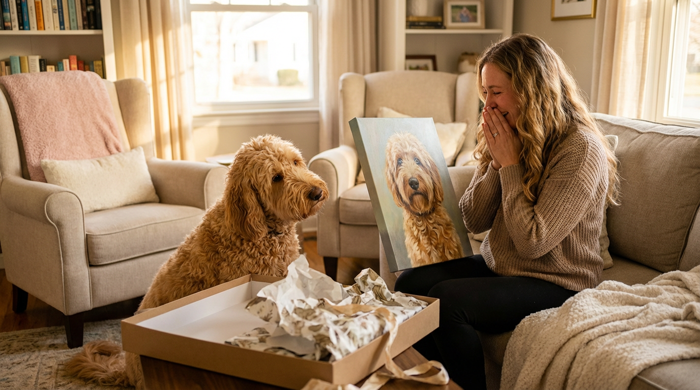 A happy woman opening a personalized pet portrait gift with her dog sitting beside her