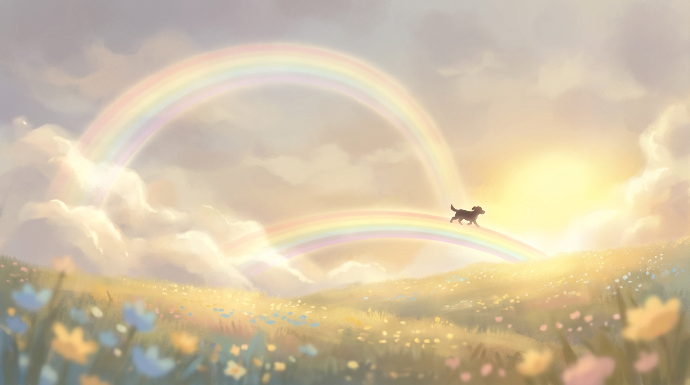 A symbolic rainbow bridge illustration with a pet silhouette representing pet remembrance art