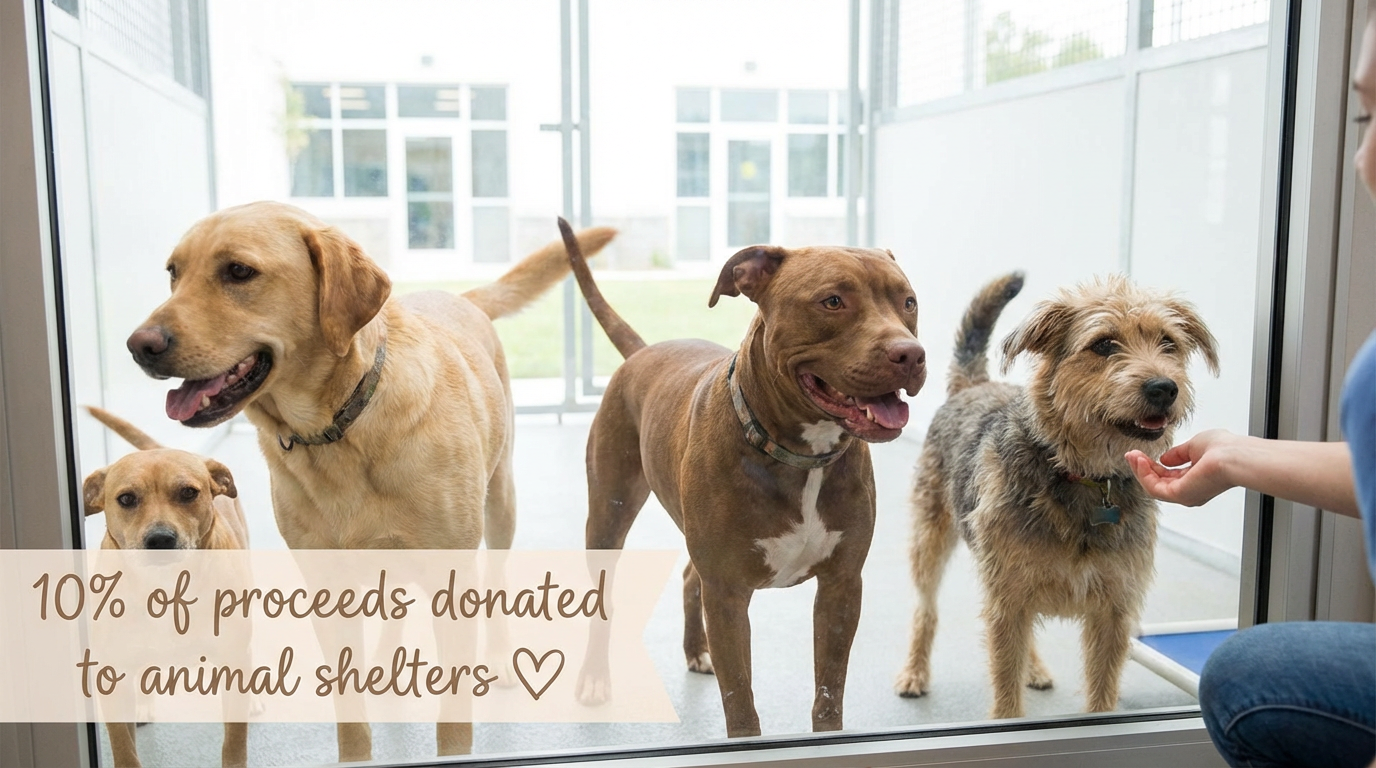 Happy rescue dogs at a shelter representing PixPawAI 10% donation commitment